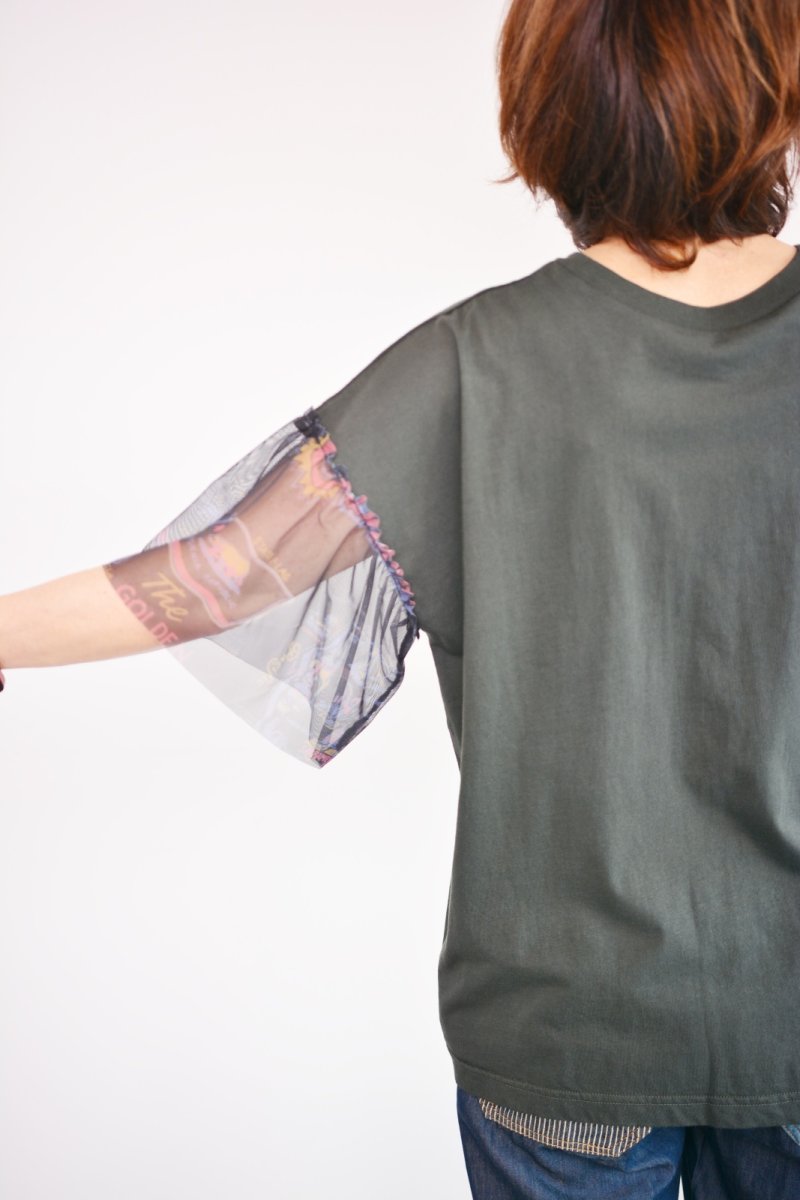 画像2: LIME 26/-天竺無地 袖フリルチュールTシャツ スミクロ レディース 人気 通販 (2)