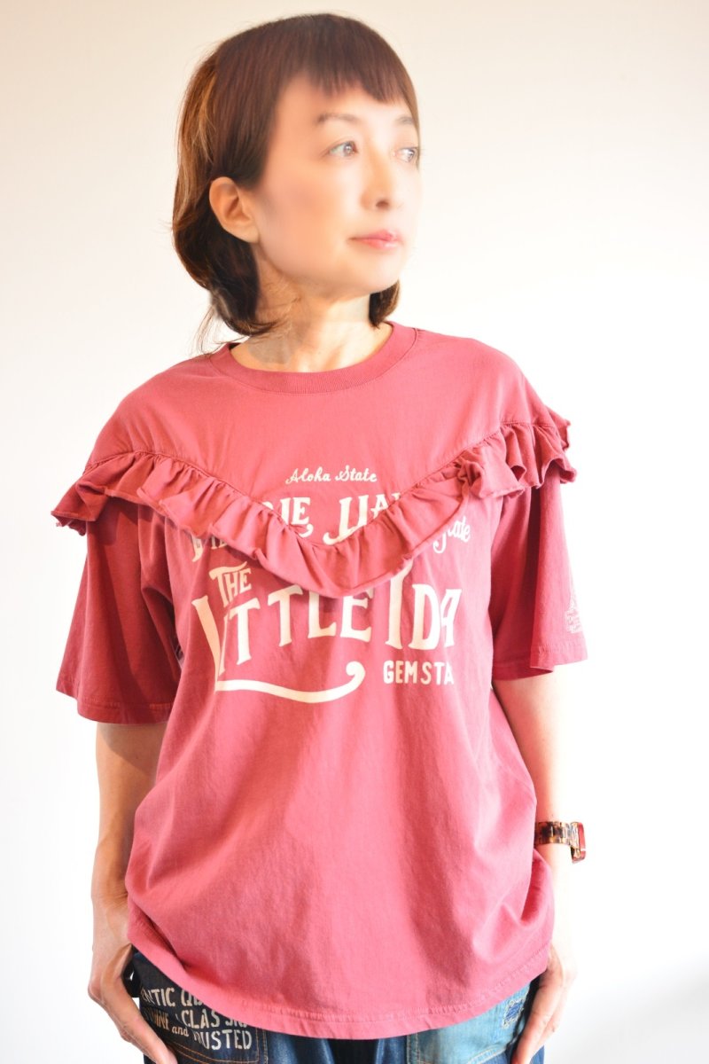 画像2: LIME 26/-天竺ピグメント Vフリル切替Tシャツ レッド レディース 人気 通販 (2)