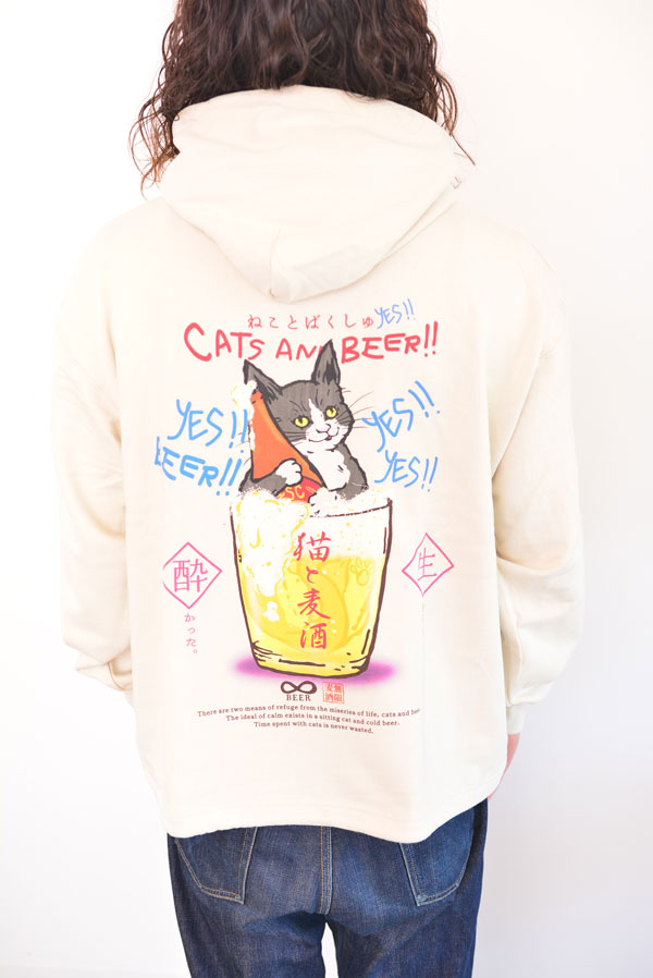 go slow caravan 空紡糸裏毛 猫と麦酒ヘムスピンドル BOX フーディー メンズ 人気 通販